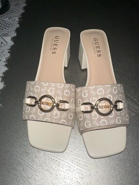 GUESS Beige & Cream Logo Block Heel Mules